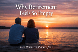 Couple sitting on a wooden dock at sunset, with the title “Why Retirement Feels So Empty” and subtitle “Even When You Planned for It.”